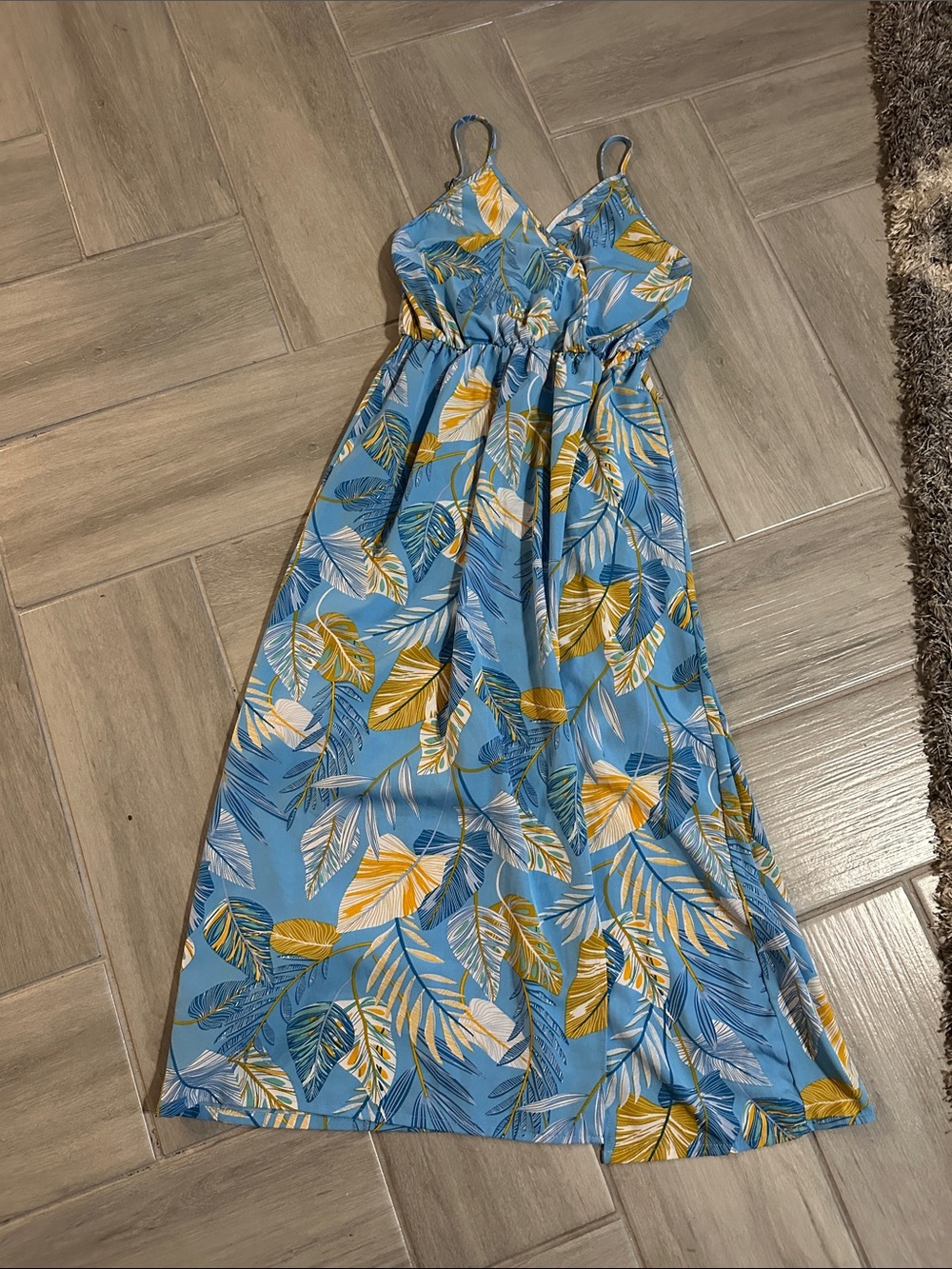Blue Tropical Leaf Maxi Dress with Yellow Accents